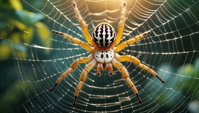 European garden spider on dew covered web