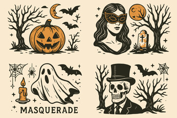 Obraz premium Halloween masquerade party invitation elements set. Vintage retro illustrations with pumpkin, ghost, skeleton, and mask. Spooky linocut style graphic resources for All Hallows' Eve.