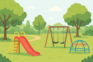 Children's playground in a public park. Empty kids play area with slide, swings, and climbing frame. Summer outdoor recreation scene background. Vector cartoon illustration.