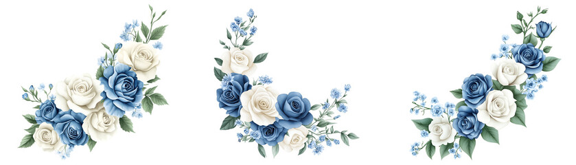 Set of various white roses and blue carnations, watercolor flower clipart isolated on transparent background