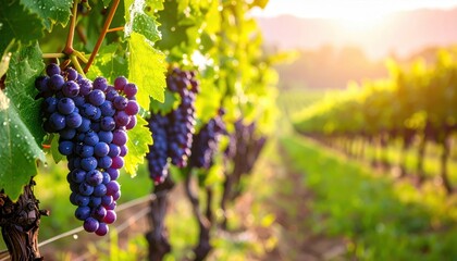 Fototapeta premium Lush vineyard at sunset showcasing ripe grapes ready for harvest amidst scenic hills