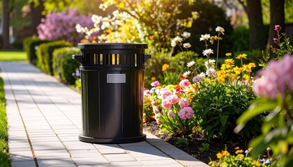 trash bin in a city park, surrounded by a vibrant garden of colorful flowers.
