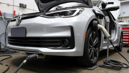 Fototapeta premium Auto Mechanics Converting Gas Cars to Electric