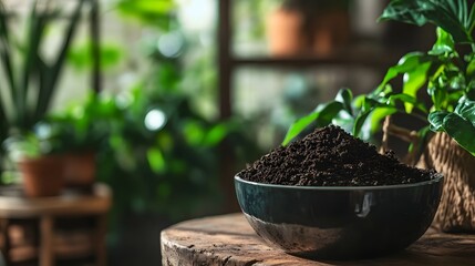 Coffee grounds used as natural plant fertilizer in an indoor setting