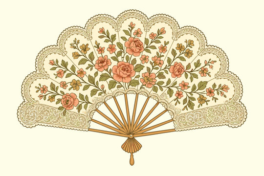 Vintage 18th century hand fan with floral rose pattern and lace border. Elegant antique ladies fashion accessory. Rococo, Baroque style vector graphic isolated on background.