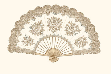 Vintage hand fan with ornate lace and floral rose pattern. Elegant 18th century Rococo style accessory. Antique filigree decoration. Classic vector illustration in sepia tones.