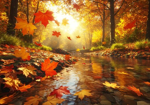 Autumnal Forest Stream with Falling Leaves. Generative Ai