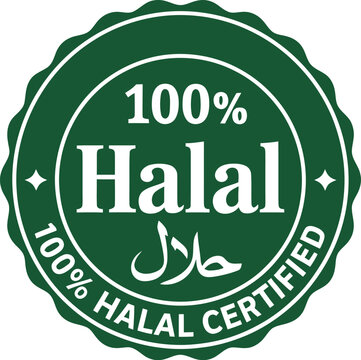 A close up of a green halal certified label with the words one hundred percent halal certified emblem