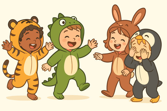 Group of cute diverse children playing in animal onesies. Happy kids in tiger, dinosaur, rabbit, and penguin costumes having fun together. Pajama party concept. Cartoon vector illustration.