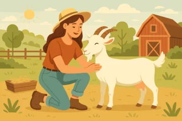 Fototapete Rund Young female farmer caring for a happy white goat in a sunny rural landscape. Farm life illustration with red barn. Concept of agriculture, animal husbandry, and organic farming. © Bruno