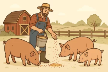 Gordijnen Man farmer character feeding cute pigs and piglets on the farmyard. Rural agriculture scene with red barn and fence. Livestock and animal husbandry cartoon vector illustration. © Bruno