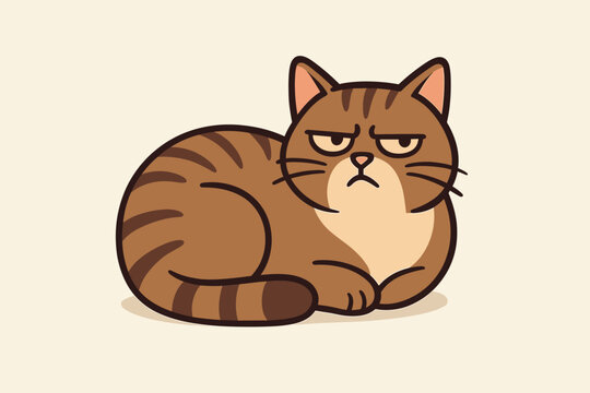 Grumpy cat cartoon vector illustration. Funny skeptical tabby with a cynical, judgmental expression. Annoyed, bored, and displeased feline character. Cute pet animal mascot for memes.