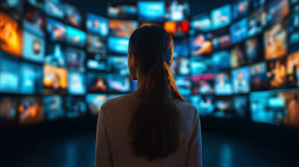 Woman in cyberspace environment, multiple displays show internet data, tech connection concept