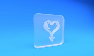 Frosted glass Female gender symbol and heart icon isolated on blue background. Venus symbol. The symbol for a female organism or woman. Square frosted glass button. 3D render illustration