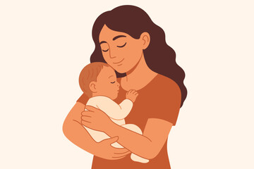 Loving mother holding her sleeping newborn baby in a gentle embrace. Happy motherhood and family concept. Young woman cuddling cute infant. Maternal bond vector illustration.