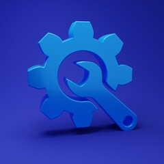 Blue Wrench and gear icon isolated on blue background. Adjusting, service, setting, maintenance, repair, fixing. Minimalism concept. 3D render illustration