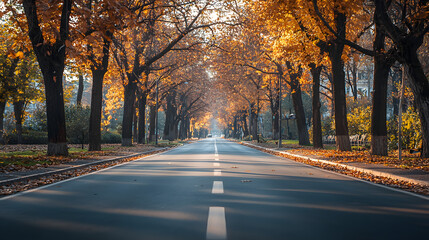 Empty road in city in autumn time