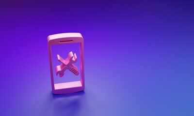Pink Smartphone with screwdriver and wrench icon isolated on purple-blue background. Adjusting, service, setting, maintenance, repair, fixing. Minimalism concept. 3D render illustration