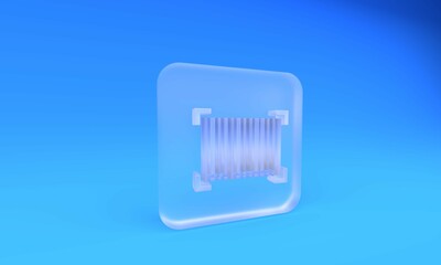 Frosted glass Barcode icon isolated on blue background. Square frosted glass button. 3D render illustration