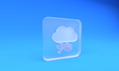 Frosted glass Cloud with snow and lightning icon isolated on blue background. Cloud with snowflakes. Single weather icon. Snowing sign. Square frosted glass button. 3D render illustration
