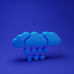 Blue Cloud with snow and rain icon isolated on blue background. Weather icon. Minimalism concept. 3D render illustration
