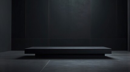 Dark minimalist interior with a black rectangular platform