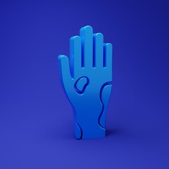 Blue Hand with psoriasis or eczema icon isolated on blue background. Concept of human skin response to allergen or chronic body problem. Minimalism concept. 3D render illustration