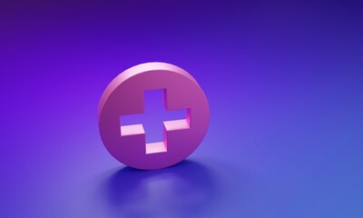 Obraz premium Pink Medical cross in circle icon isolated on purple-blue background. First aid medical symbol. Minimalism concept. 3D render illustration