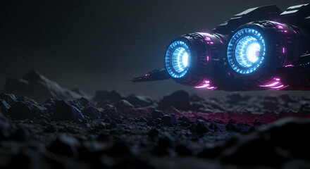 Futuristic Spaceship Low Flight over Alien Landscape