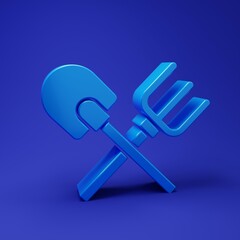 Blue Shovel and rake icon isolated on blue background. Tool for horticulture, agriculture, gardening, farming. Ground cultivator. Minimalism concept. 3D render illustration
