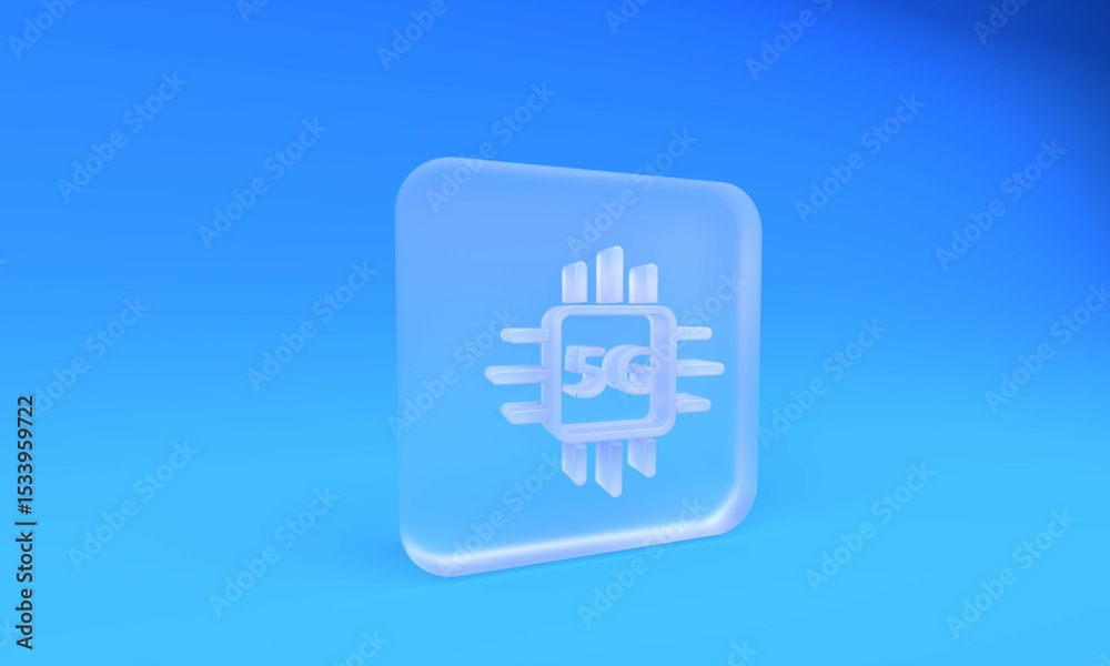 Poster frosted glass computer processor 5g with microcircuits cpu icon isolated on blue background. chip or