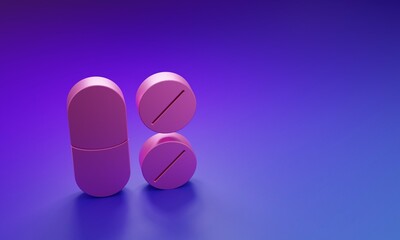 Pink Toothache painkiller tablet icon isolated on purple-blue background. Tooth care medicine. Capsule pill and drug. Pharmacy design. Minimalism concept. 3D render illustration
