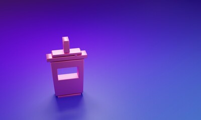 Pink Paper glass with drinking straw and water icon isolated on purple-blue background. Soda drink glass. Fresh cold beverage symbol. Minimalism concept. 3D render illustration