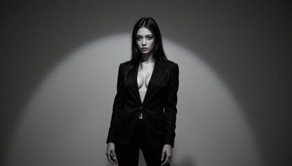 a woman standing under spotlight in a monochrome outfit with extreme contrast and cold undertones sh