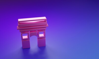 Pink Triumphal Arch icon isolated on purple-blue background. Landmark of Paris, France. Minimalism concept. 3D render illustration