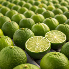 Zesty Citrus Harmony: A vibrant arrangement of fresh limes, with one sliced in half revealing the juicy interior, showcasing the natural beauty and refreshing essence of this citrus fruit.