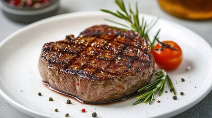 A juicy grilled steak seasoned with cracked pepper, served with a sprig of rosemary and a cherry tomato on a white plate.