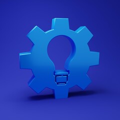 Blue Light bulb and gear icon isolated on blue background. Innovation concept. Business idea. Minimalism concept. 3D render illustration