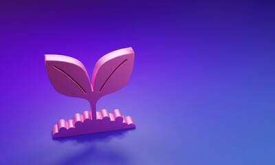 Pink Plant icon isolated on purple-blue background. Seed and seedling. Leaves sign. Leaf nature. Minimalism concept. 3D render illustration