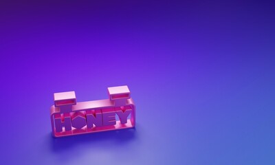Pink Hanging sign with honeycomb isolated on purple-blue background. Signboard icon. Honey cells symbol. Sweet natural food. Minimalism concept. 3D render illustration