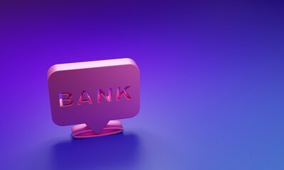 Pink Bank building icon isolated on purple-blue background. Minimalism concept. 3D render illustration