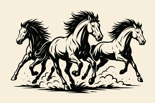 Three wild stallions galloping. Herd of powerful mustangs running with speed and freedom. Black and white vector illustration for logo, emblem or tattoo. Equestrian concept.