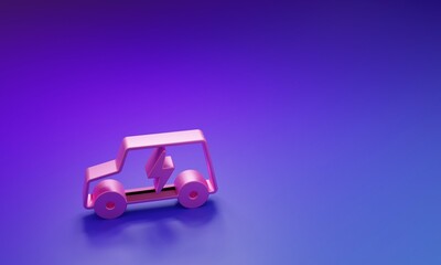 Pink Electric car and electrical cable plug charging icon isolated on purple-blue background. Renewable eco technologies. Minimalism concept. 3D render illustration