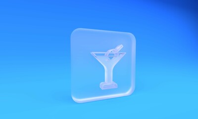 Frosted glass Martini glass icon isolated on blue background. Cocktail icon. Wine glass icon. Square frosted glass button. 3D render illustration