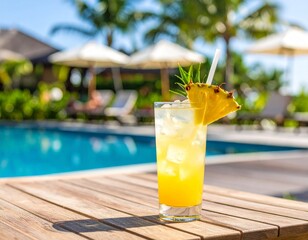 Tropical cocktail with pineapple, poolside view, palm trees, summer vibes, and pure relaxation.