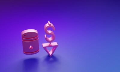 Pink Drop in crude oil price icon isolated on purple-blue background. Oil industry crisis concept. Minimalism concept. 3D render illustration