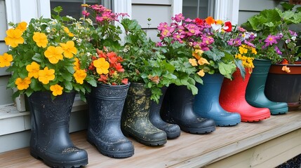 Rain boots repurposed as flower planters on a porch in springtime