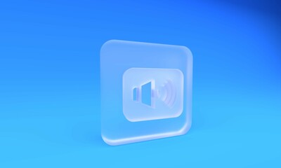 Frosted glass Speaker volume, audio voice sound symbol, media music icon isolated on blue background. Square frosted glass button. 3D render illustration