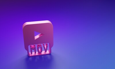 Pink MOV file document. Download mov button icon isolated on purple-blue background. MOV file symbol. Audio and video collection. Minimalism concept. 3D render illustration