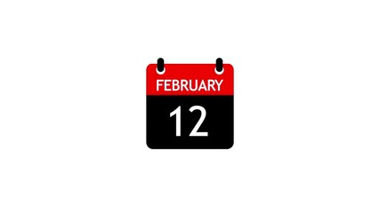 February 12 Daily Calendar icon animation on transparent background. Calendar with the date February 12 on a white background.